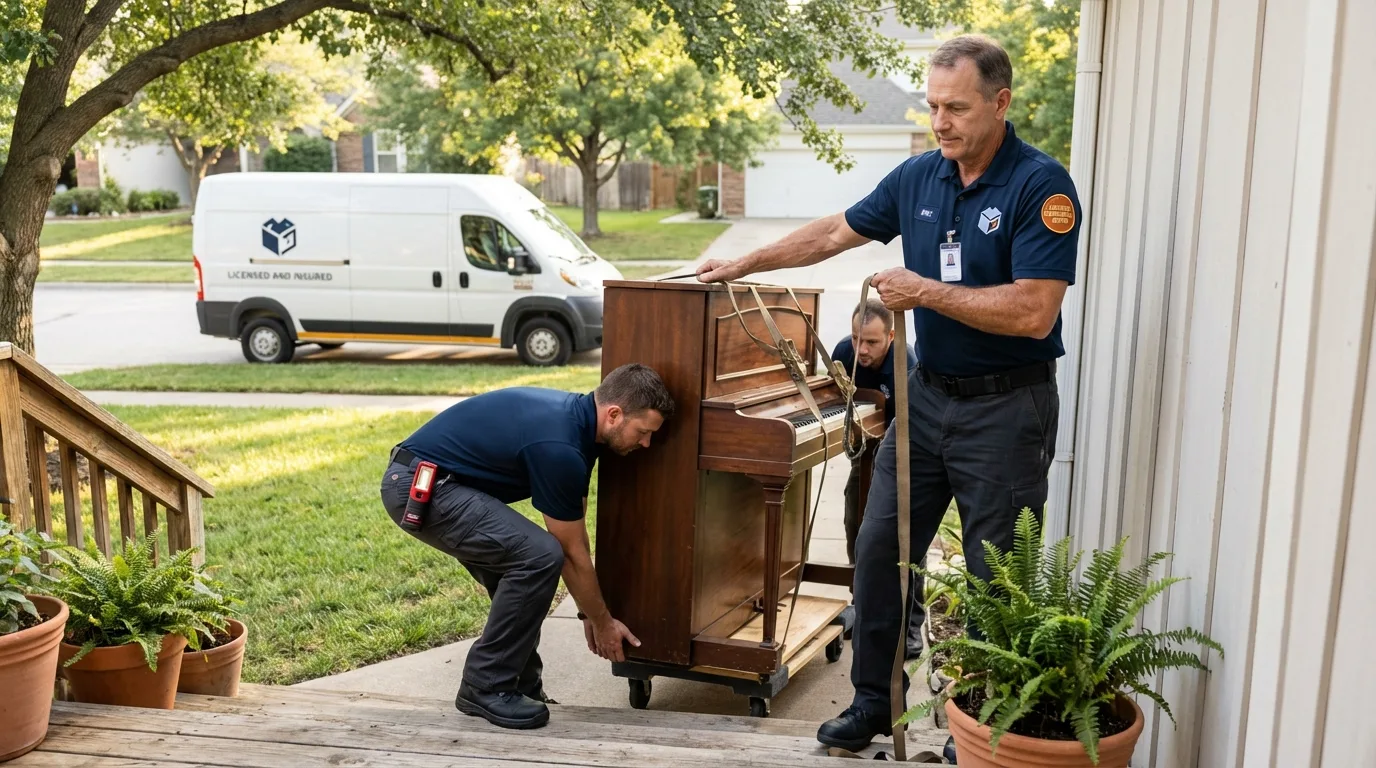 Licensed piano movers securing grand piano in Hesston, KS