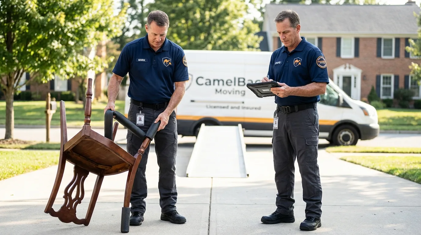 Movers inspecting furniture for damage prevention before loading in Hesston, KS