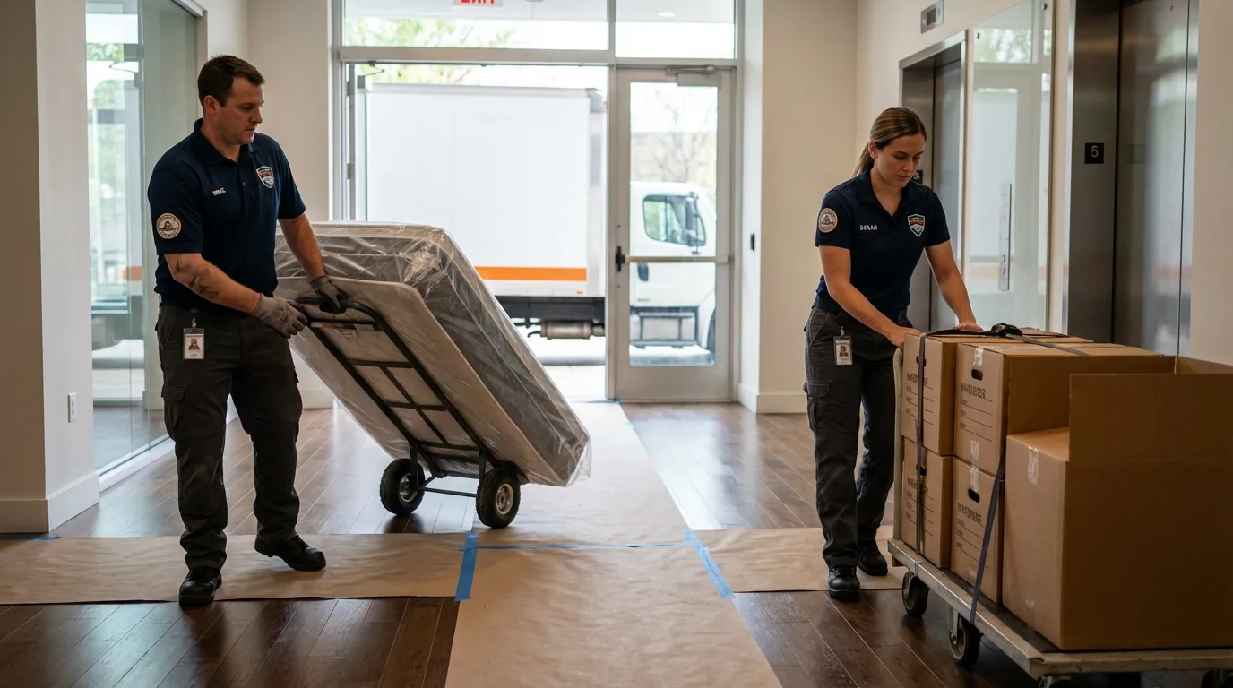 Professional apartment movers loading elevator in Hesston, KS