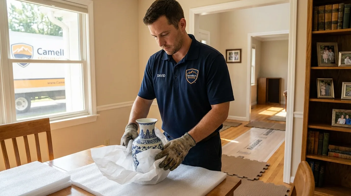 Professional crew carefully wrapping antique vase for senior downsizing move in Hesston, KS