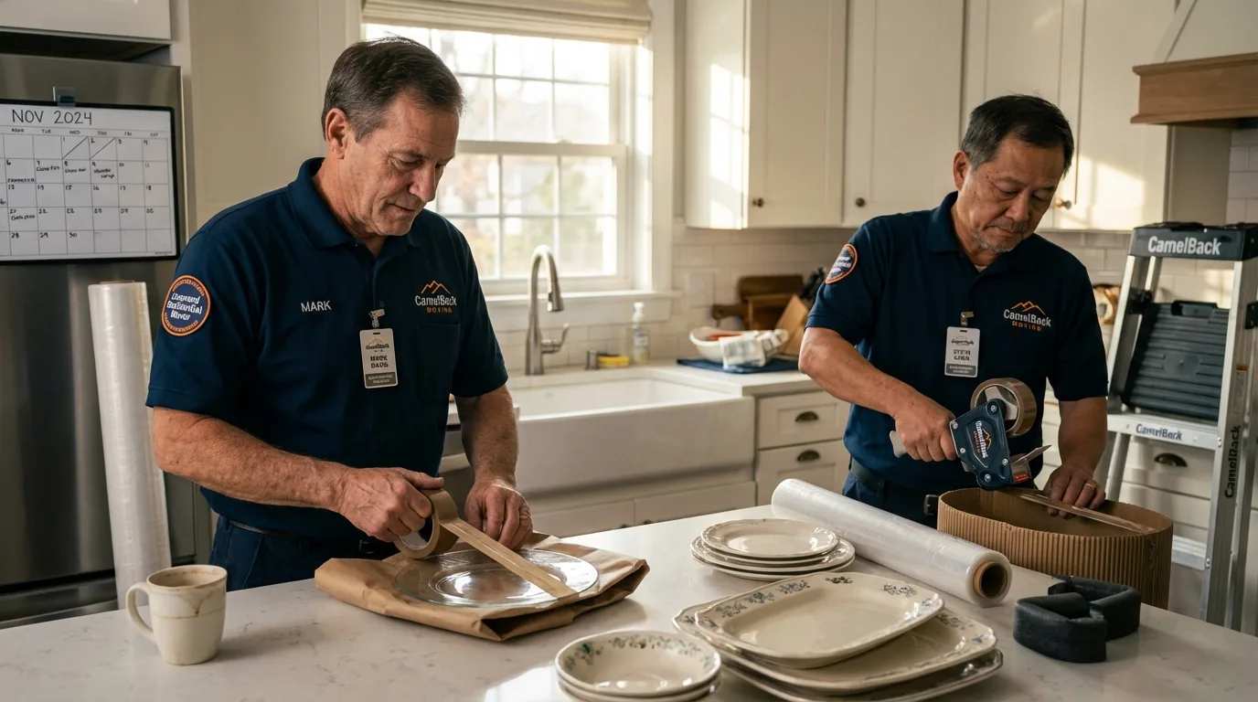 Professional crew packing kitchen dishware in Hesston, KS